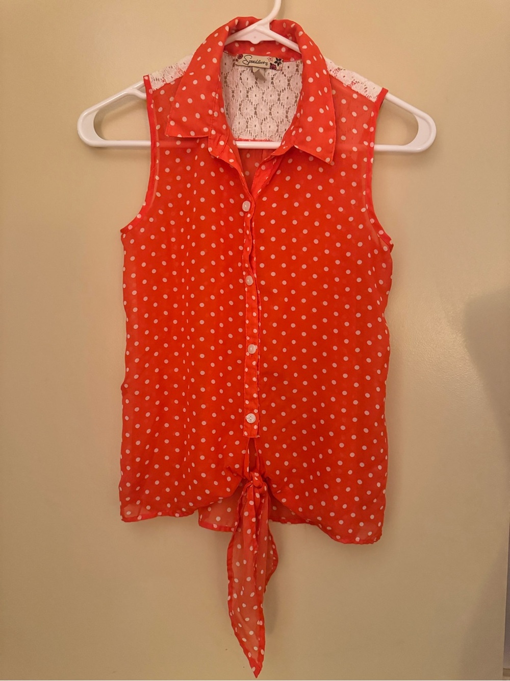 Speechless Coral Polka Dot Tie-Front Sleeveless Top